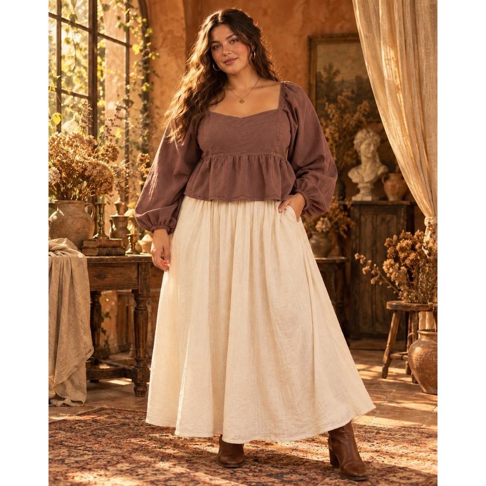 Sim & Sam Peplum Top XL Chocolate Brown Cotton Linen Cottage Earthy Peasant Boho